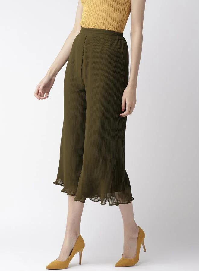 Mish  Women Olive Green Pleated Flared Trousers for Women | Best Price UAE